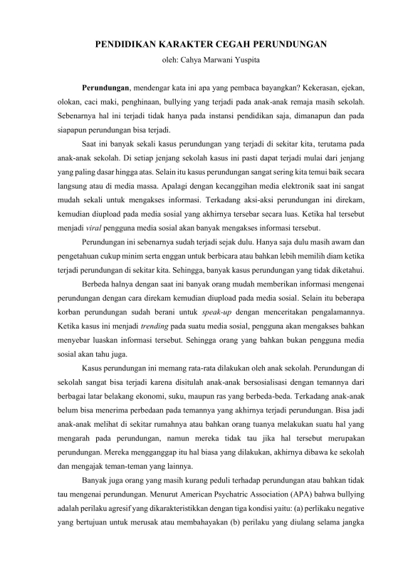 Pendidikan Karakter Cegah Perundungan