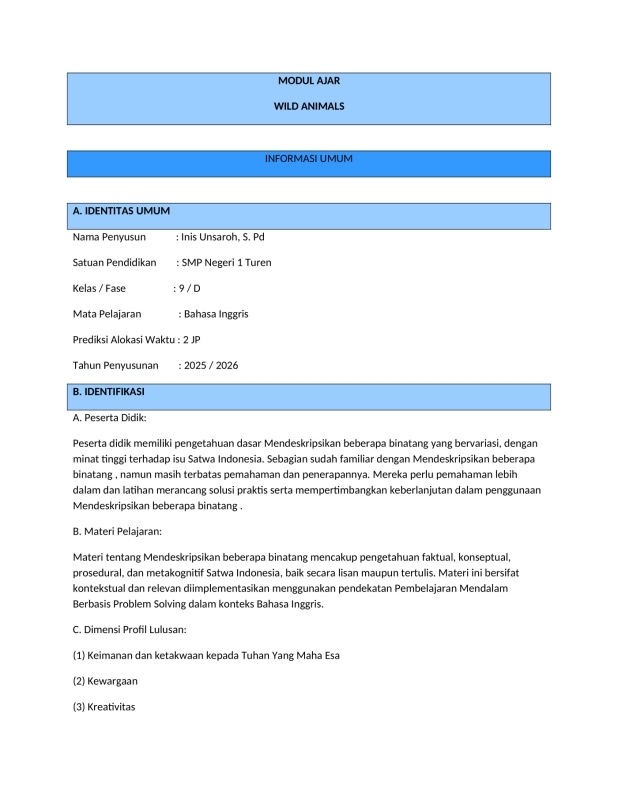 Modul Ajar Bahasa Inggris Kelas IX: Wild Animals (Exploring Fauna)