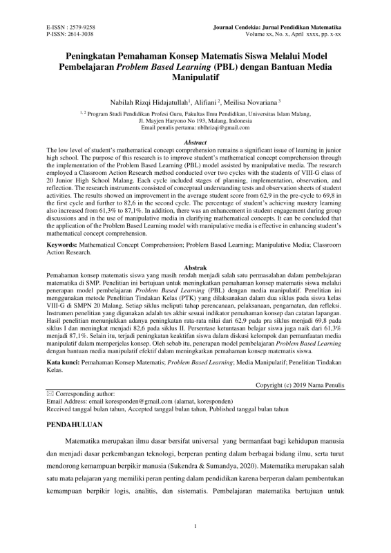 Peningkatan Pemahaman Konsep Matematis Siswa melalui Model Pembelajaran Problem Based Learning (PBL) dengan Bantuan Media Manipulatif