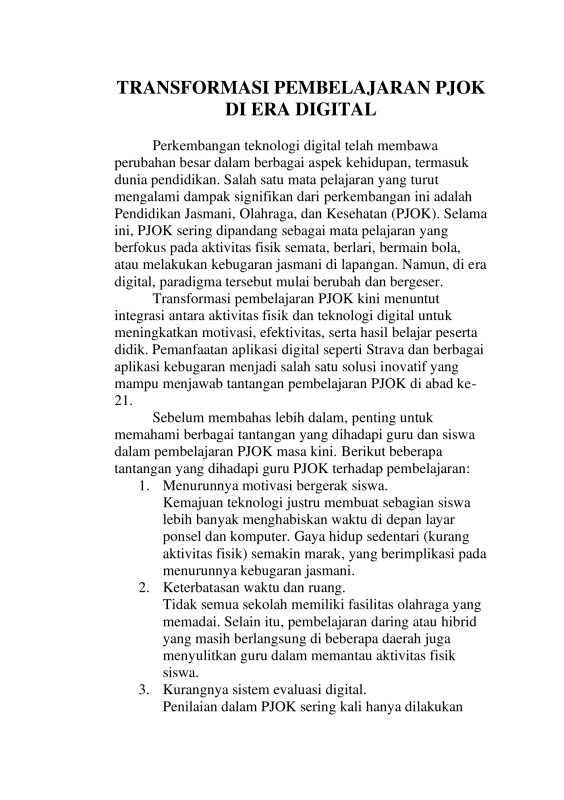 Transformasi Pembelajaran PJOK di Era Digital